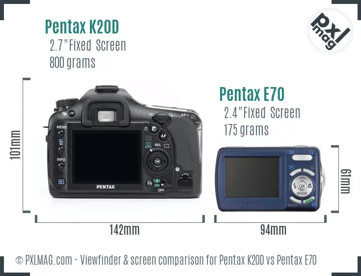 Pentax K20D vs Pentax E70 Screen and Viewfinder comparison