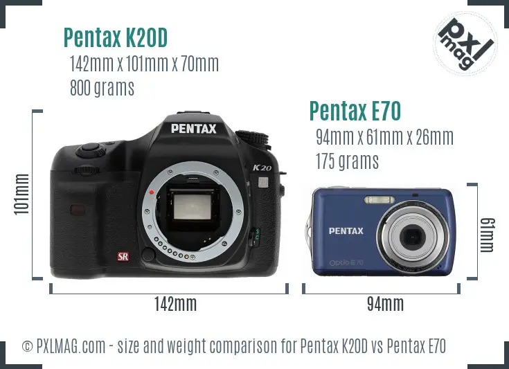 Pentax K20D vs Pentax E70 size comparison