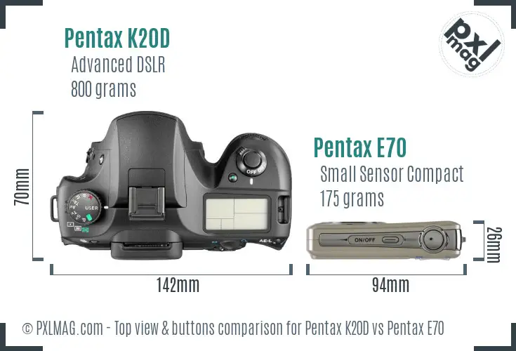 Pentax K20D vs Pentax E70 top view buttons comparison