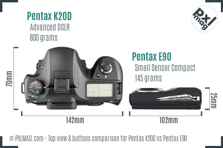 Pentax K20D vs Pentax E90 top view buttons comparison
