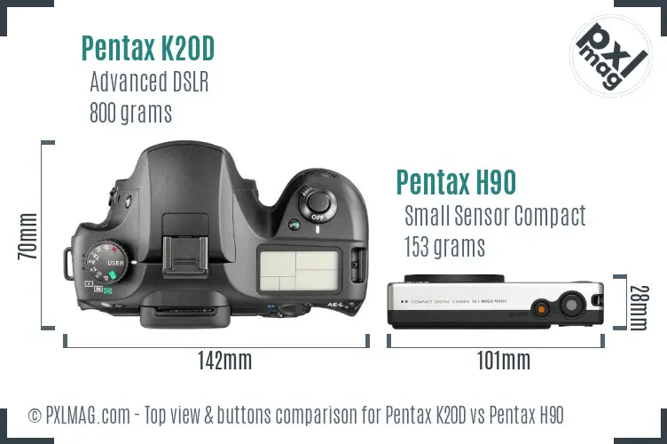 Pentax K20D vs Pentax H90 top view buttons comparison