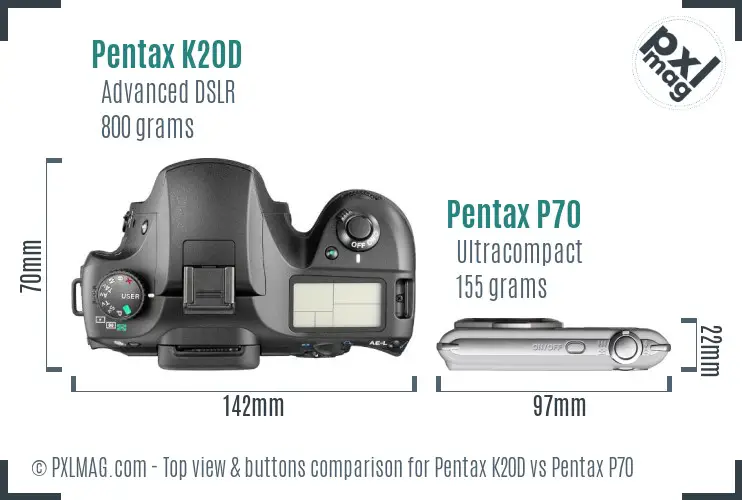 Pentax K20D vs Pentax P70 top view buttons comparison