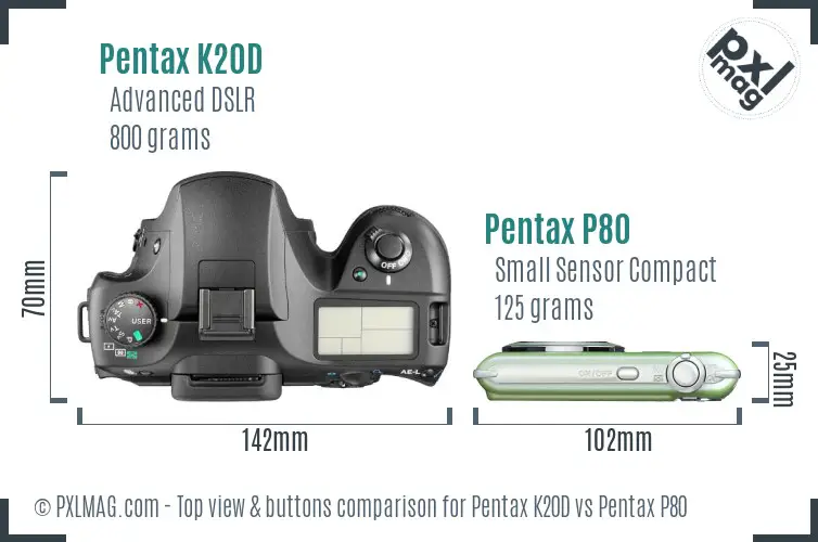 Pentax K20D vs Pentax P80 top view buttons comparison
