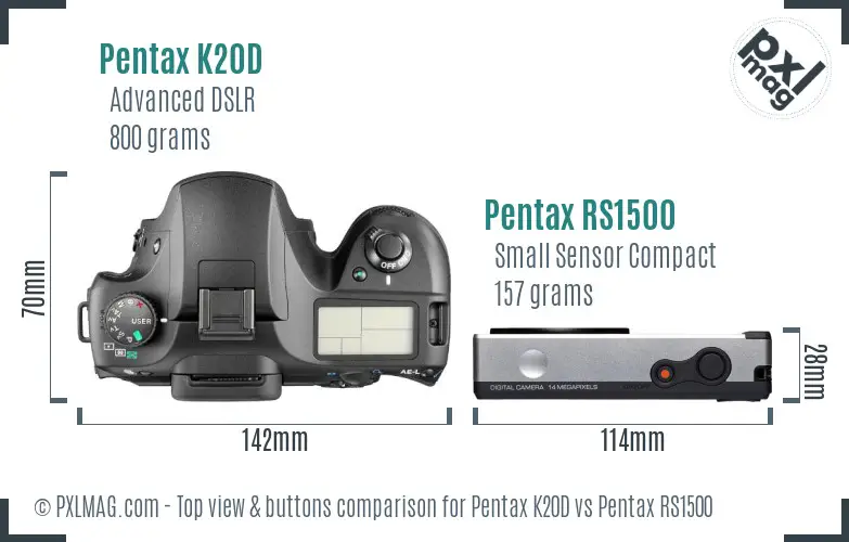 Pentax K20D vs Pentax RS1500 top view buttons comparison