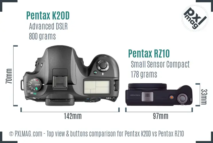Pentax K20D vs Pentax RZ10 top view buttons comparison