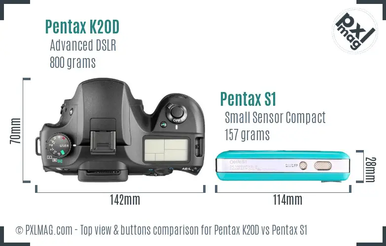 Pentax K20D vs Pentax S1 top view buttons comparison