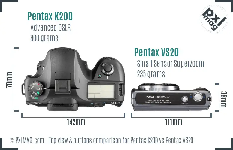 Pentax K20D vs Pentax VS20 top view buttons comparison