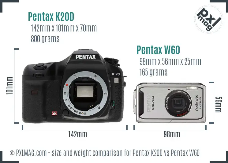 Pentax K20D vs Pentax W60 size comparison