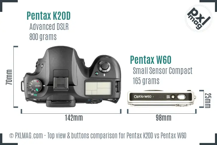 Pentax K20D vs Pentax W60 top view buttons comparison