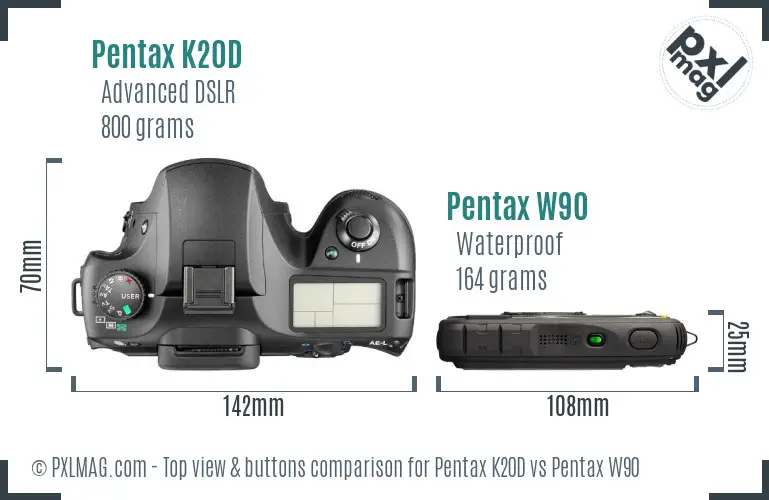 Pentax K20D vs Pentax W90 top view buttons comparison