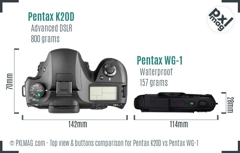 Pentax K20D vs Pentax WG-1 top view buttons comparison