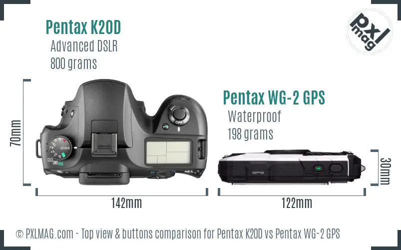 Pentax K20D vs Pentax WG-2 GPS top view buttons comparison