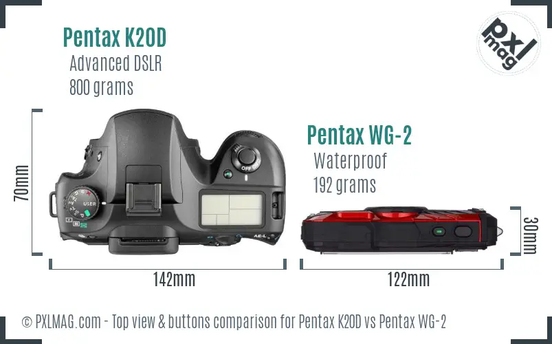 Pentax K20D vs Pentax WG-2 top view buttons comparison