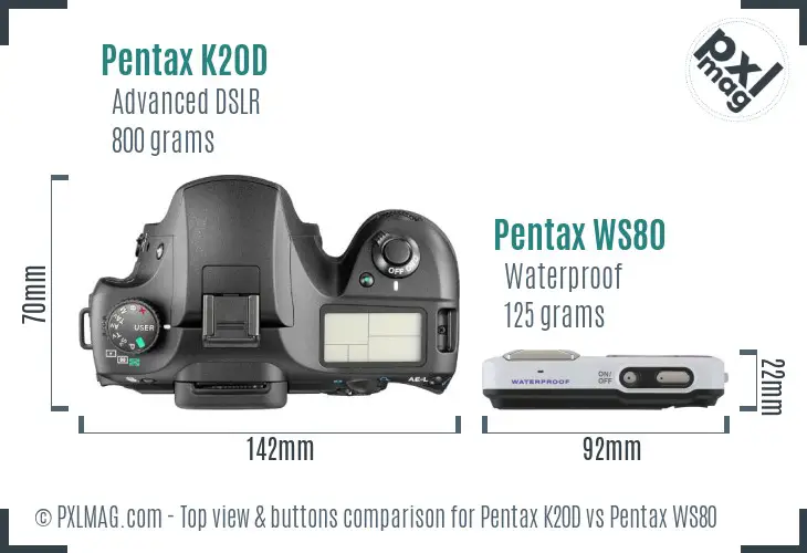 Pentax K20D vs Pentax WS80 top view buttons comparison