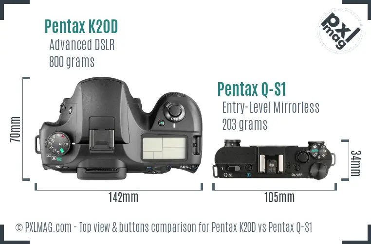 Pentax K20D vs Pentax Q-S1 top view buttons comparison