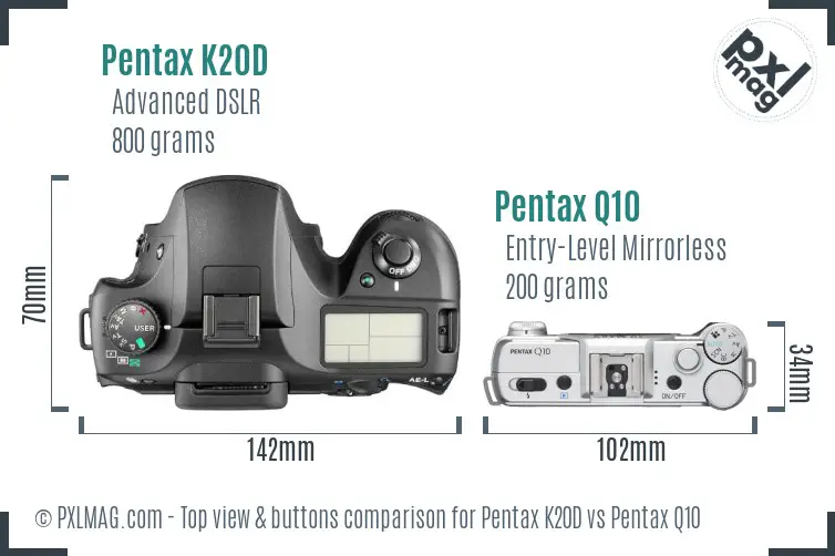 Pentax K20D vs Pentax Q10 top view buttons comparison