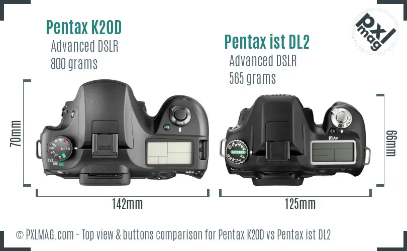 Pentax K20D vs Pentax ist DL2 top view buttons comparison