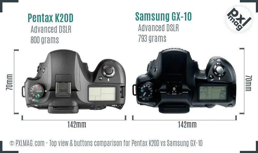 Pentax K20D vs Samsung GX-10 top view buttons comparison