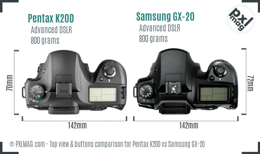 Pentax K20D vs Samsung GX-20 top view buttons comparison