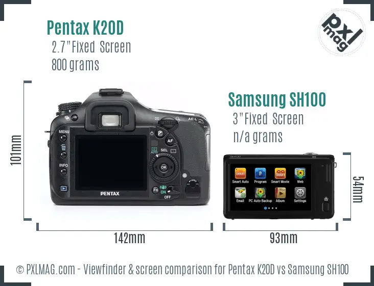 Pentax K20D vs Samsung SH100 Screen and Viewfinder comparison
