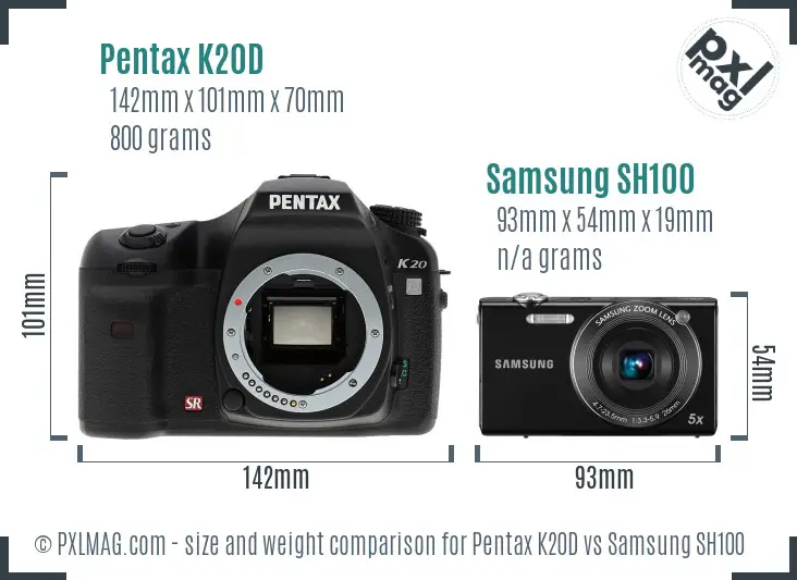 Pentax K20D vs Samsung SH100 size comparison