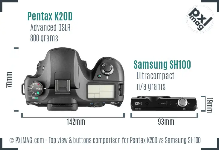 Pentax K20D vs Samsung SH100 top view buttons comparison
