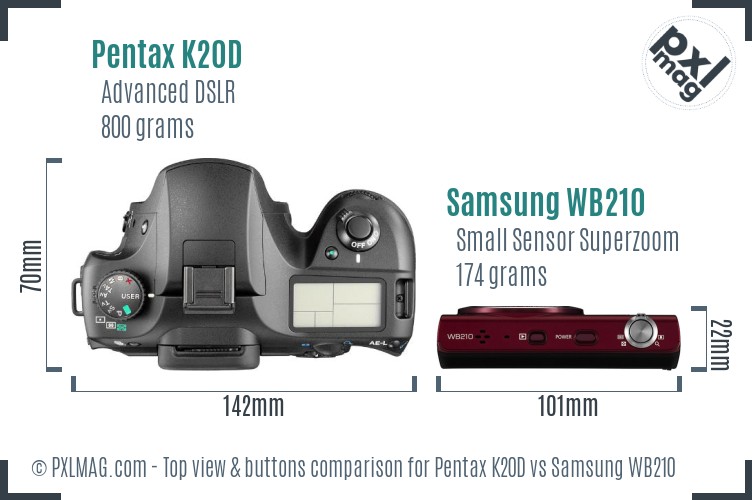 Pentax K20D vs Samsung WB210 top view buttons comparison