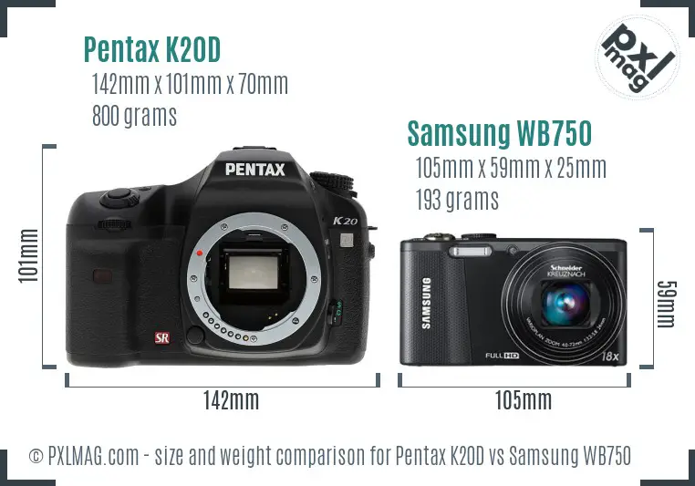 Pentax K20D vs Samsung WB750 size comparison