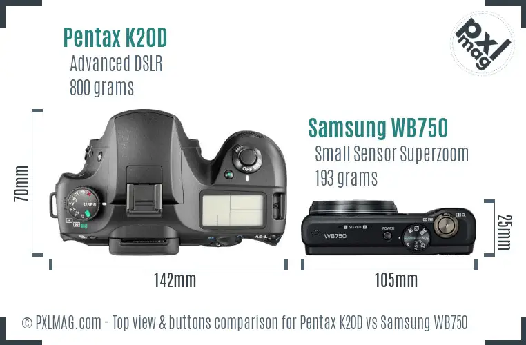 Pentax K20D vs Samsung WB750 top view buttons comparison