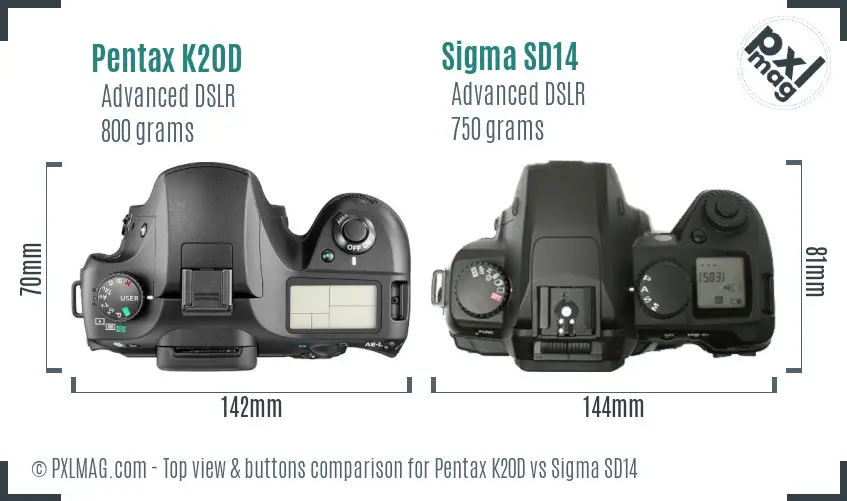 Pentax K20D vs Sigma SD14 top view buttons comparison
