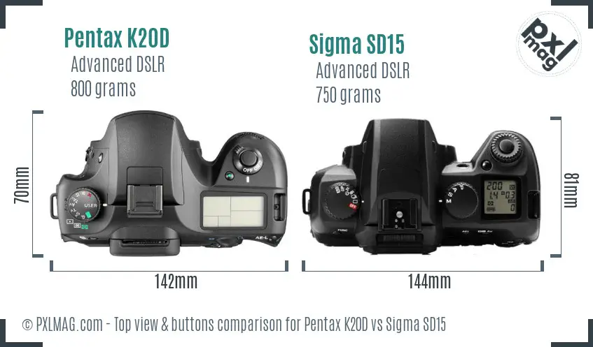 Pentax K20D vs Sigma SD15 top view buttons comparison