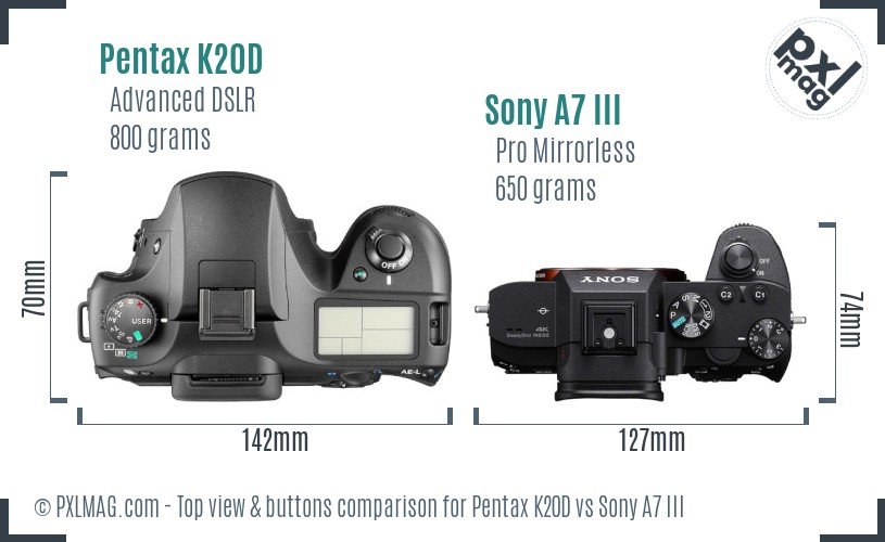 Pentax K20D vs Sony A7 III top view buttons comparison