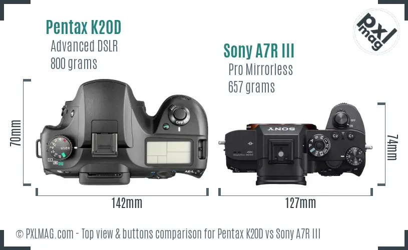 Pentax K20D vs Sony A7R III top view buttons comparison