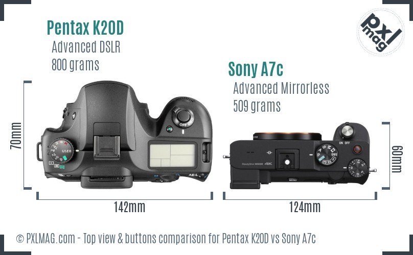 Pentax K20D vs Sony A7c top view buttons comparison