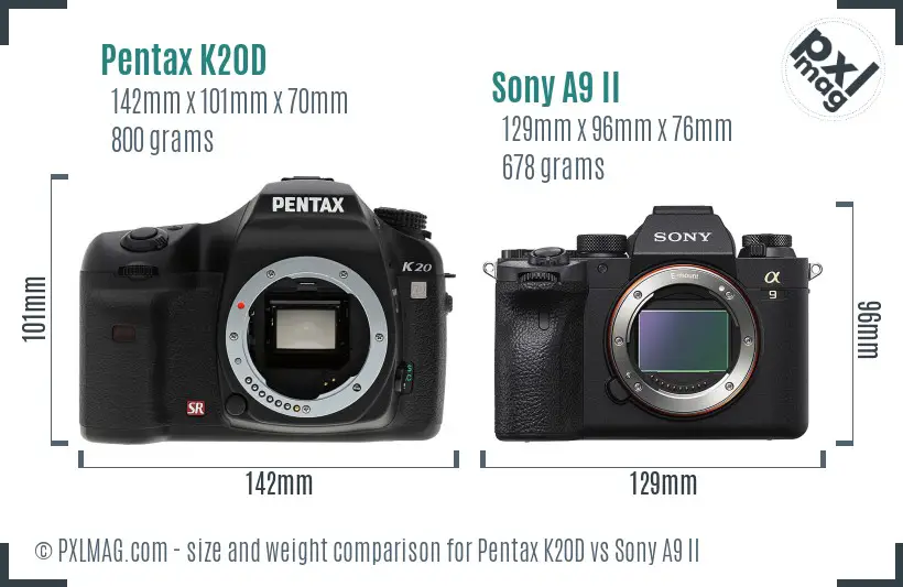 Pentax K20D vs Sony A9 II size comparison