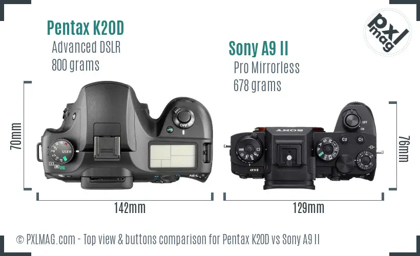 Pentax K20D vs Sony A9 II top view buttons comparison
