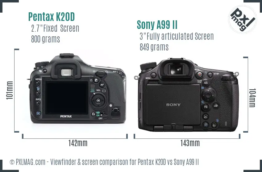 Pentax K20D vs Sony A99 II Screen and Viewfinder comparison