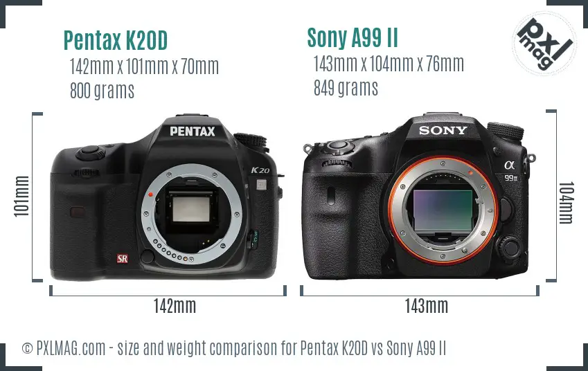 Pentax K20D vs Sony A99 II size comparison