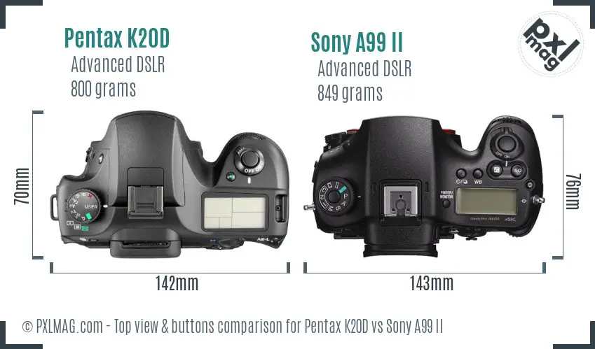 Pentax K20D vs Sony A99 II top view buttons comparison