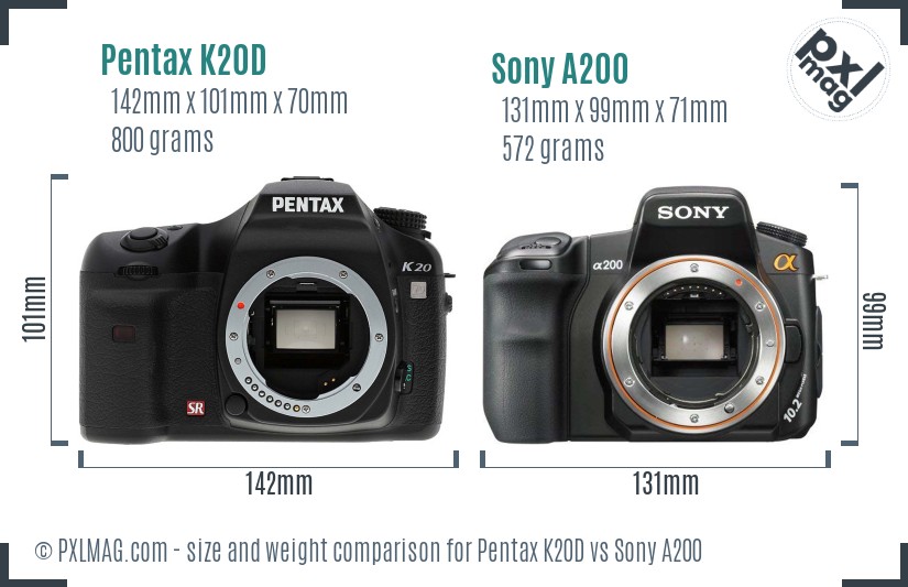 Pentax K20D vs Sony A200 size comparison
