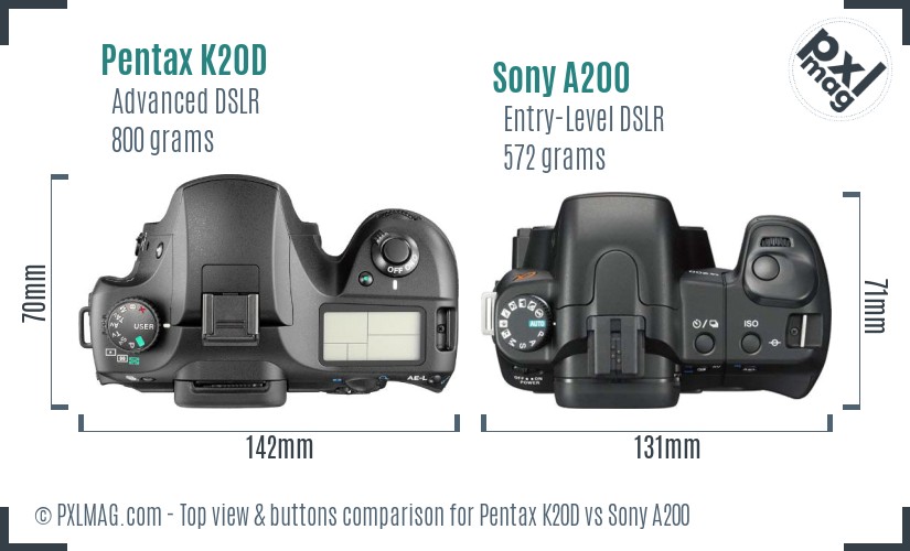 Pentax K20D vs Sony A200 top view buttons comparison