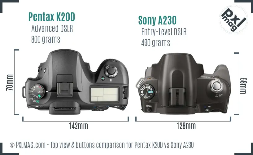 Pentax K20D vs Sony A230 top view buttons comparison Pentax K20D vs Sony A230 top view buttons comparison