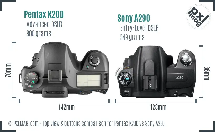 Pentax K20D vs Sony A290 top view buttons comparison