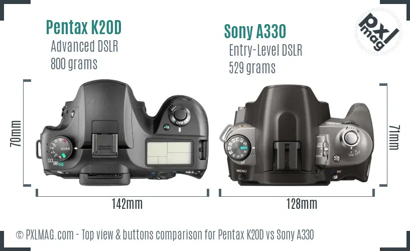Pentax K20D vs Sony A330 top view buttons comparison Pentax K20D vs Sony A330 top view buttons comparison