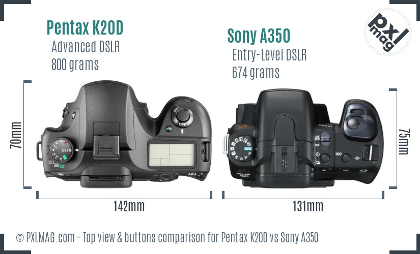 Pentax K20D vs Sony A350 top view buttons comparison