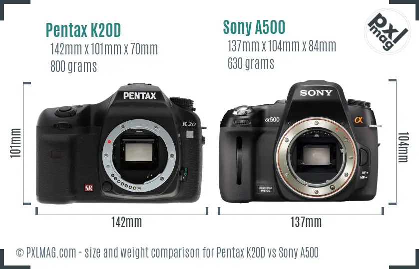 Pentax K20D vs Sony A500 size comparison