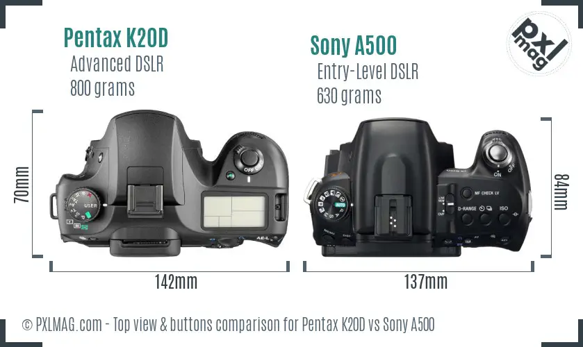 Pentax K20D vs Sony A500 top view buttons comparison