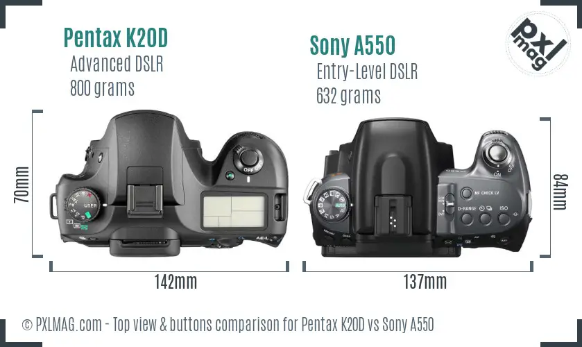 Pentax K20D vs Sony A550 top view buttons comparison Pentax K20D vs Sony A550 top view buttons comparison