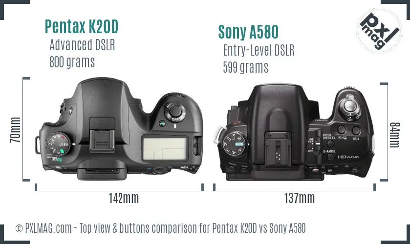 Pentax K20D vs Sony A580 top view buttons comparison Pentax K20D vs Sony A580 top view buttons comparison