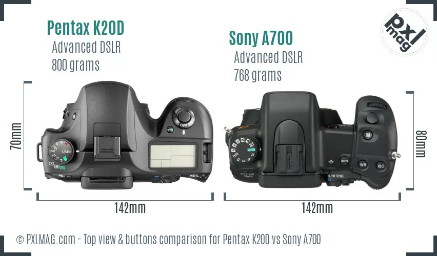 Pentax K20D vs Sony A700 top view buttons comparison